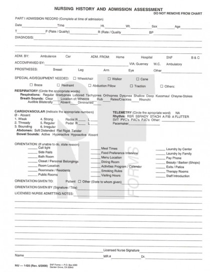 Nursing History/Assment/Adm. Record: NU-1425 (1)