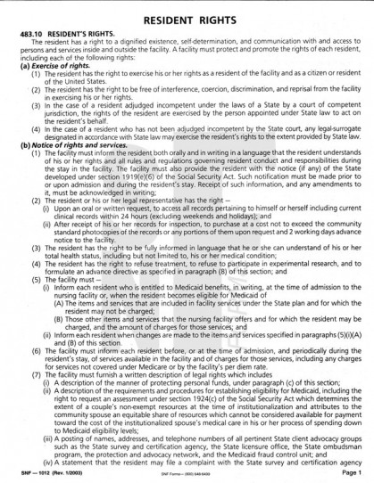 OBRA Resident's Rights (English) 10 pgs: SNF-1012 (1)