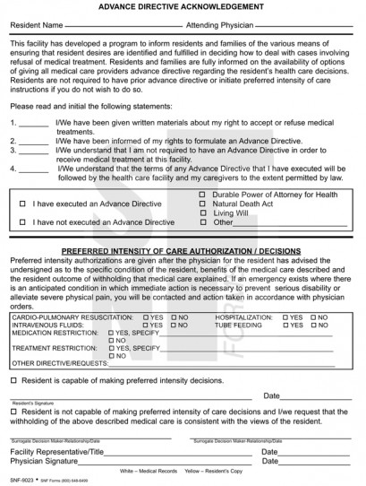 Adv. Dir. Acknowledge/Preferred Intensity of Care: SNF-9023 (1)